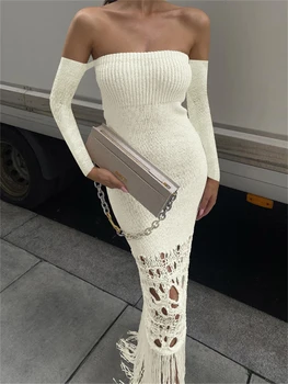 wsevypo שרוול ארוך Off-הכתף סרוגים שמלה עבור נשים אלגנטי קו נטוי הצוואר הקשר ציצית שולי Bodycon שמלת מסיבת 2023 הקיץ