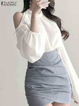 ZANZEA קוריאנית אלגנטי מוצק צבע החולצה קפלים אופנה כתף קרה ורוד חולצות נשים פאף שרוול לעמוד צווארון תכליתי Blusa