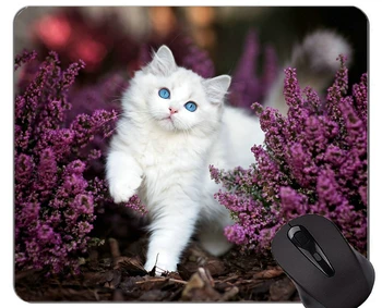 משטח עכבר עם תפר קצה,חתלתול רכות פרח סגול בעלי חיים חתול חמוד פרח משרד ביתי אביזרים למחשב Mousepads